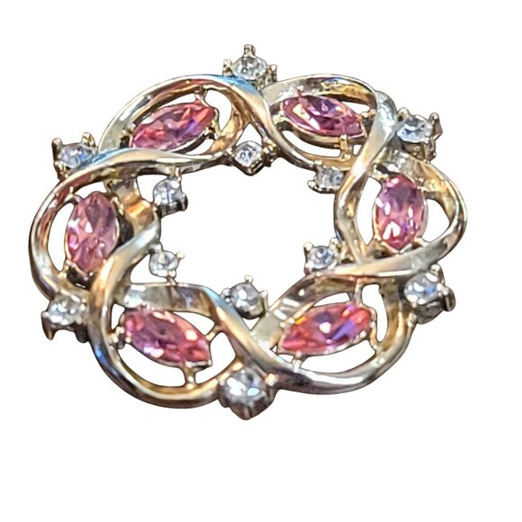 Vintage Gold-Tone Wreath Brooch With Pink & Clear Rhinestones - Picture 6 of 10